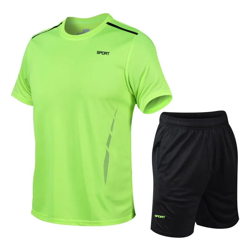 CHRLCK Men's Quick Drying Running Sets Breathable Hiking Fishing T-Shirt Short Soft Elasticity Gym Fitness Suits Outdoor Sports